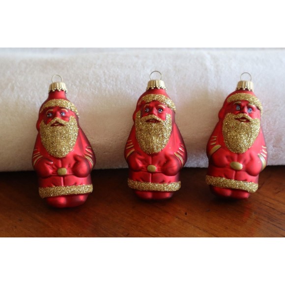 Lot 3x Krebs Blown Glass Ornament Germany Red Santa Christmas Glitter ~3.5" - Picture 10 of 10